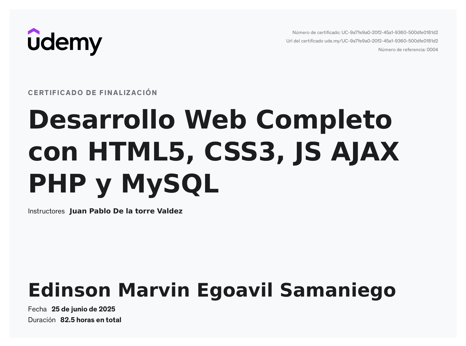Certificado Udemy Desarrollo Web Completo